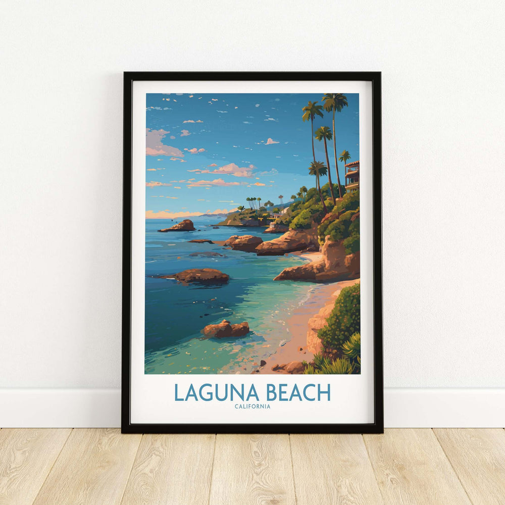 Laguna Beach California Coastal Cliff Art Print | Palm Tree Seascape Poster featuring a coastal view with palm trees.