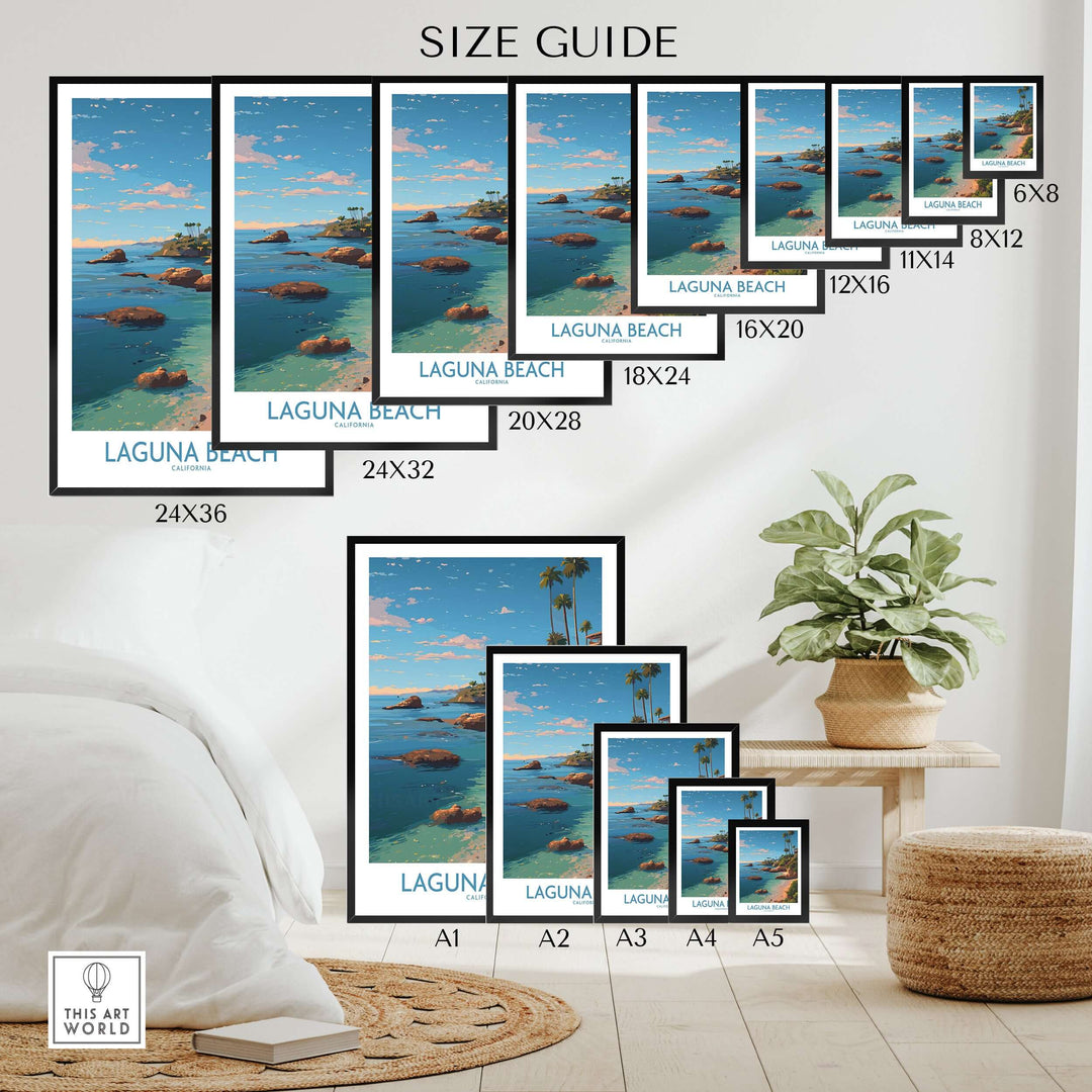 Laguna Beach California Coastal Cliff Art Print | Palm Tree Seascape Poster size guide with various frame dimensions.