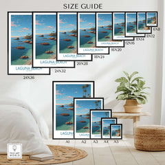 Laguna Beach California Coastal Cliff Art Print | Palm Tree Seascape Poster size guide showing various frame sizes.
