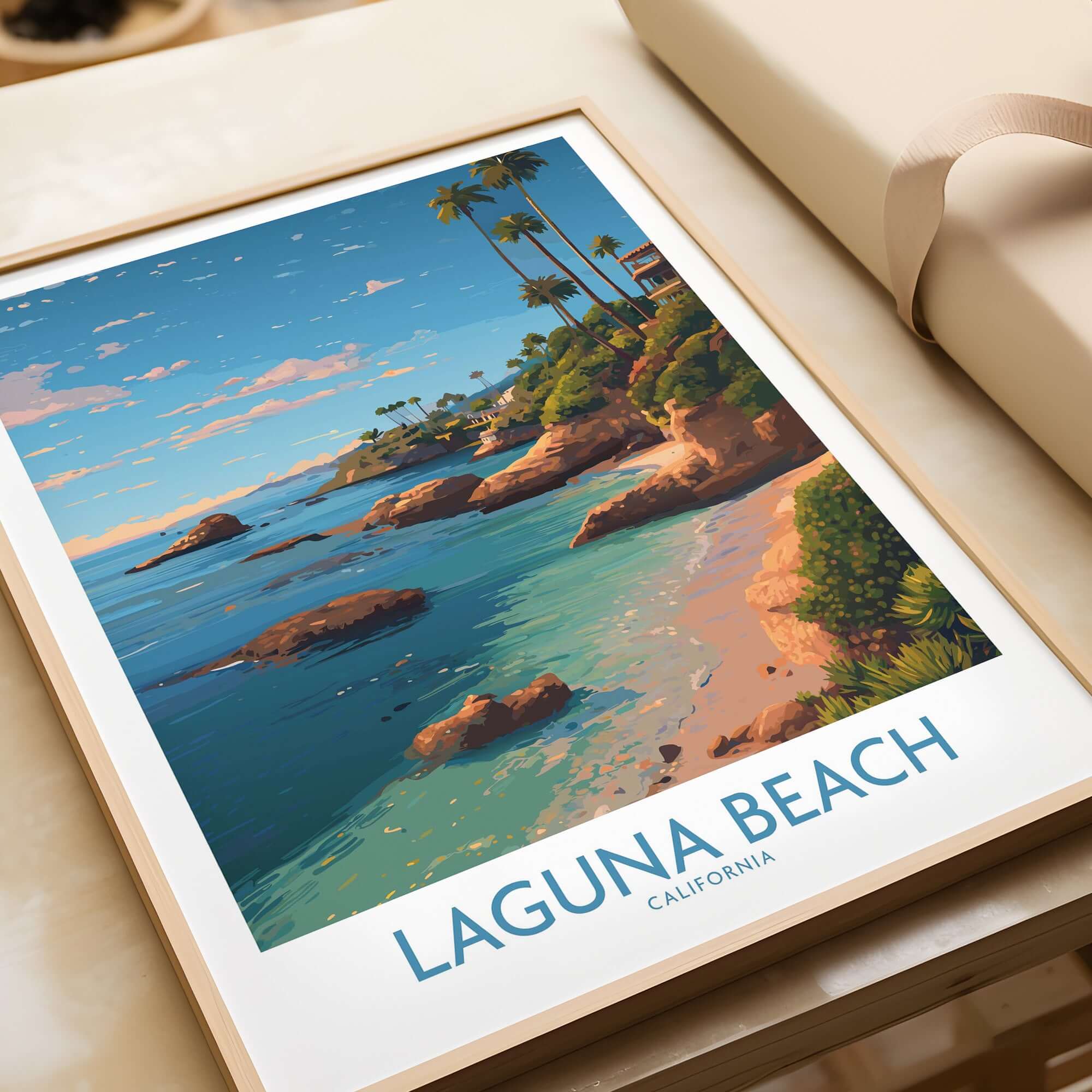 Laguna Beach California Coastal Cliff Art Print | Palm Tree Seascape Poster showcasing vibrant ocean views and palm trees.