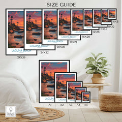 Laguna Beach California Sunset Art Print | Vibrant Coastal Poster Size Guide with different frame sizes.