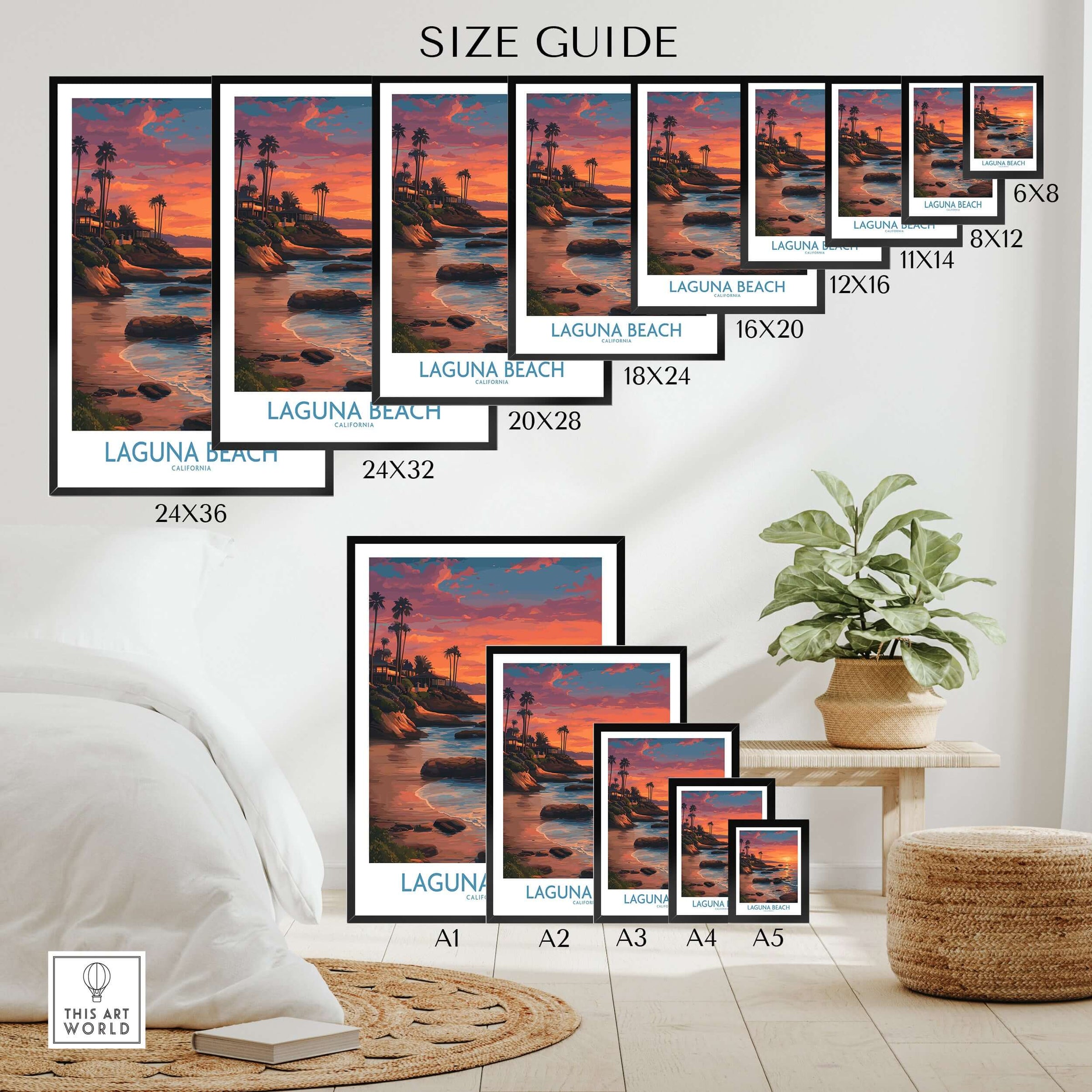 Laguna Beach California Sunset Art Print | Vibrant Coastal Poster Size Guide with different frame sizes.