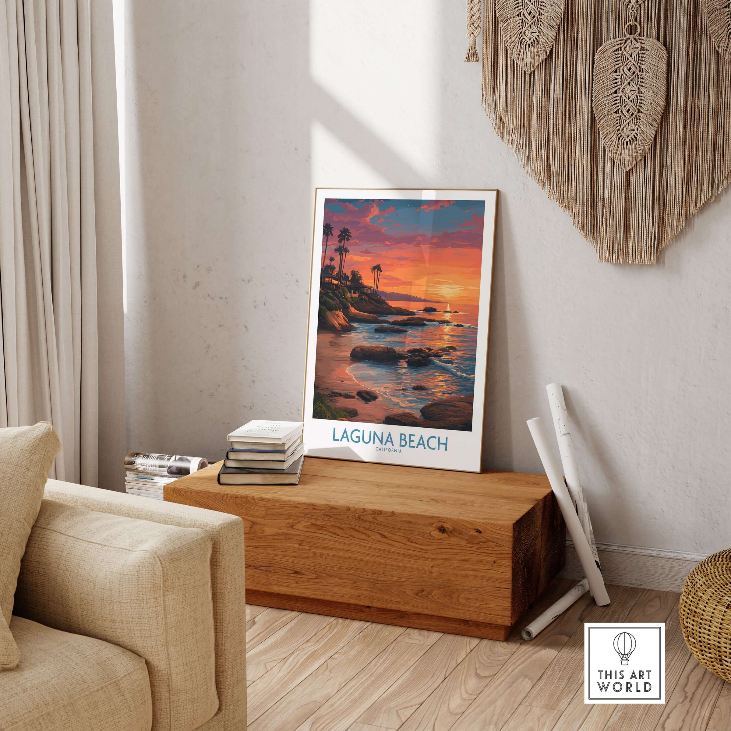 Laguna Beach California Sunset Art Print | Vibrant Coastal Poster displayed in a stylish living room setting.