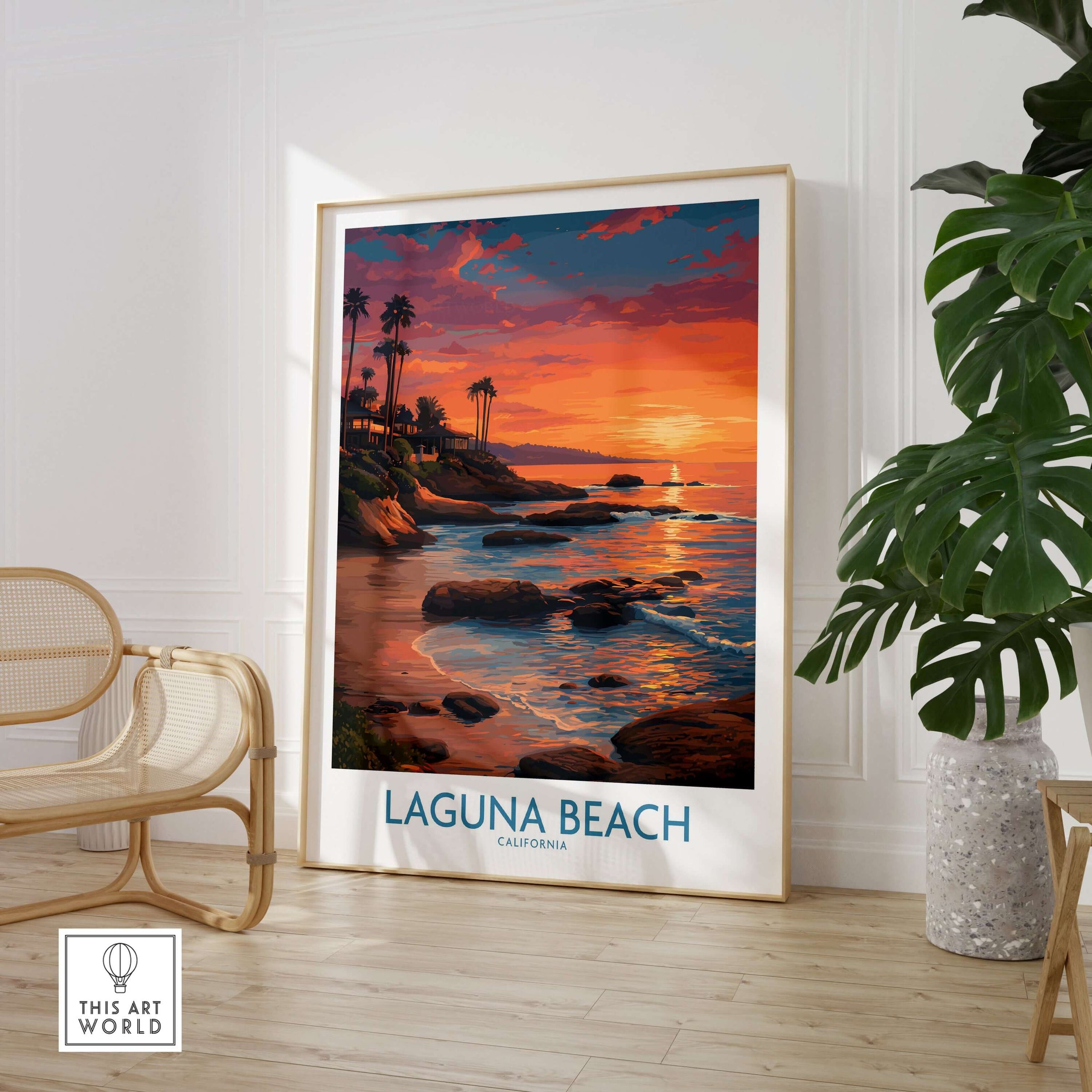 Laguna Beach California Sunset Art Print | Vibrant Coastal Poster showcasing a stunning sunset over the ocean and palm trees.