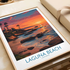 Laguna Beach California Sunset Art Print | Vibrant Coastal Poster showcasing a sunset over the beach with palm trees.