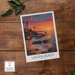 Laguna Beach California Sunset Art Print | Vibrant Coastal Poster displayed on a rustic wooden background.