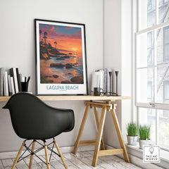 Laguna Beach California Sunset Art Print | Vibrant Coastal Poster displayed in an elegant workspace with modern decor.