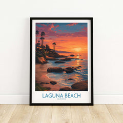 Laguna Beach California Sunset Art Print | Vibrant Coastal Poster featuring a sunset over the ocean and palm trees.