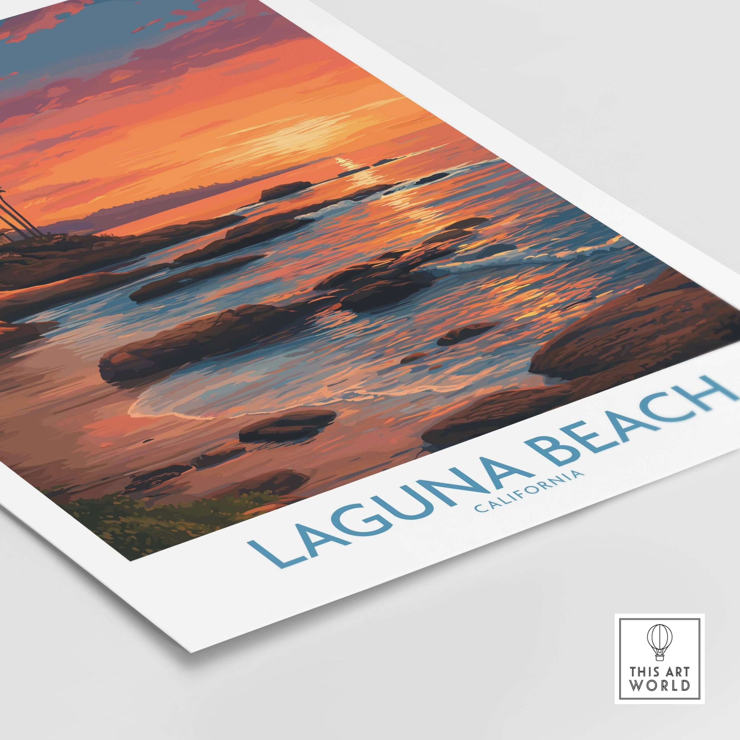 Laguna Beach California Sunset Art Print | Vibrant Coastal Poster showcasing a colorful sunset over the water.