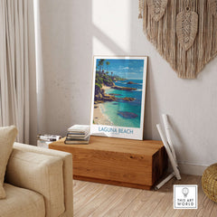 Laguna Beach California Turquoise Water Art Print | Clear Sea Travel Poster displayed in a cozy living room setting.