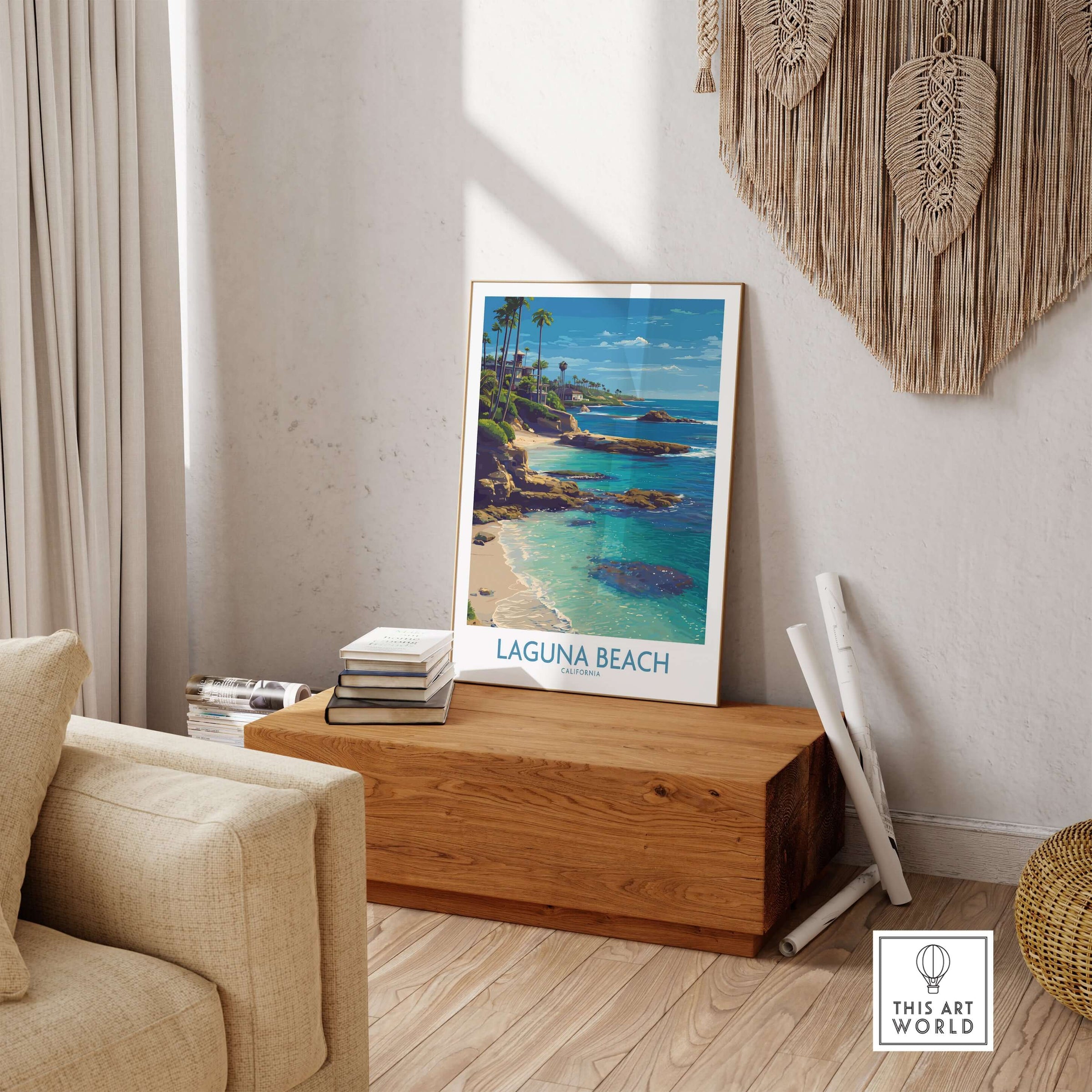 Laguna Beach California Turquoise Water Art Print | Clear Sea Travel Poster displayed in a cozy living room setting.