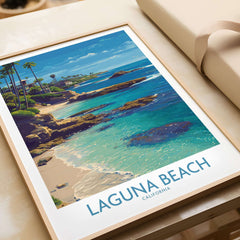 Laguna Beach California Turquoise Water Art Print | Clear Sea Travel Poster displayed on a table.