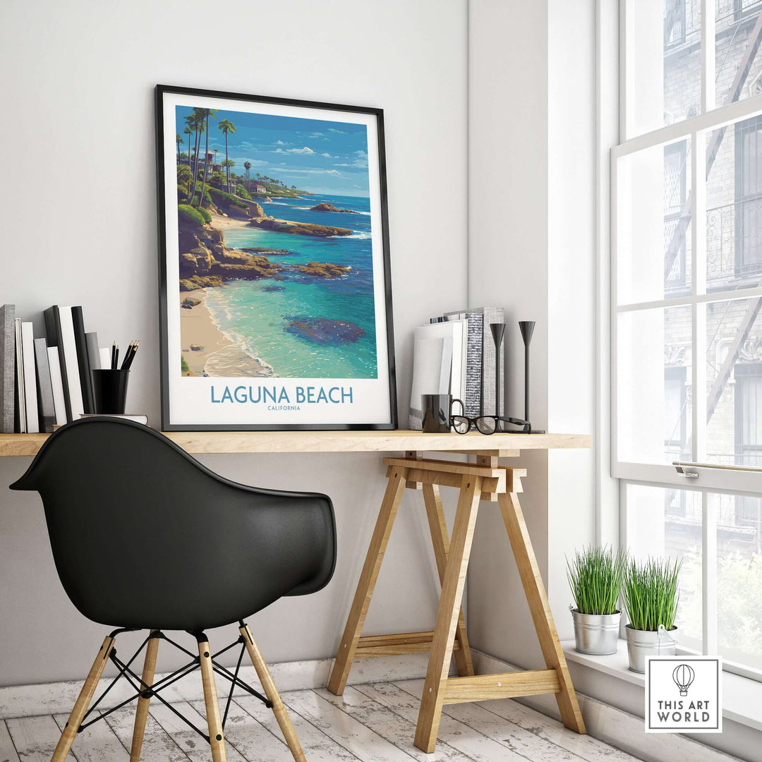 Laguna Beach California Turquoise Water Art Print | Clear Sea Travel Poster displayed in a stylish room with desk.