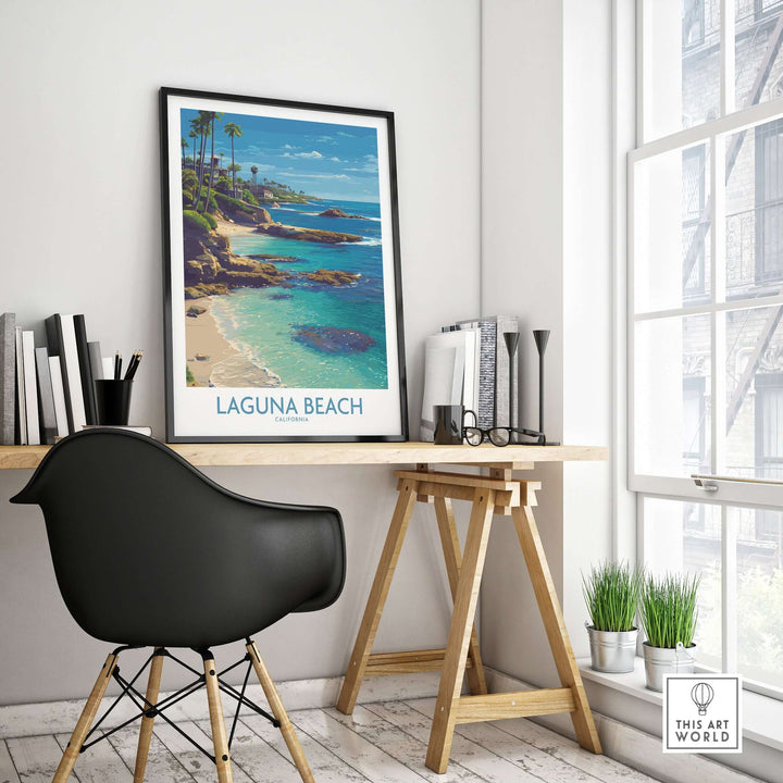 Laguna Beach California Turquoise Water Art Print | Clear Sea Travel Poster displayed in a stylish room with desk.