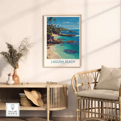 Laguna Beach California Turquoise Water Art Print | Clear Sea Travel Poster displayed in a cozy living room setting.