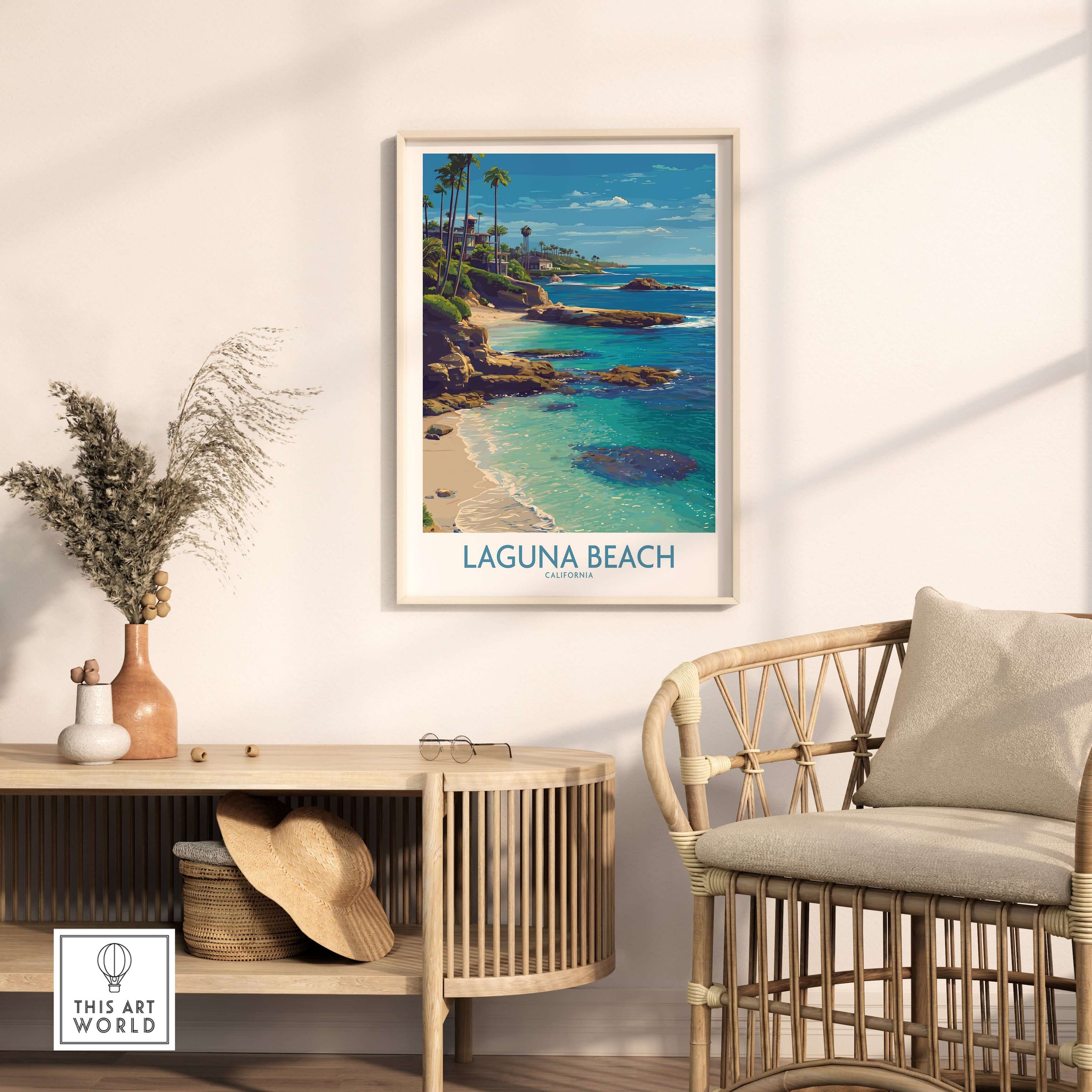 Laguna Beach California Turquoise Water Art Print | Clear Sea Travel Poster displayed in a cozy living room setting.