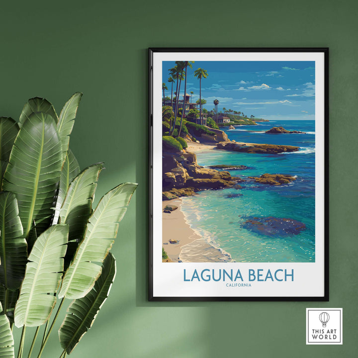 Laguna Beach California Turquoise Water Art Print | Clear Sea Travel Poster in a stylish frame on a green wall.