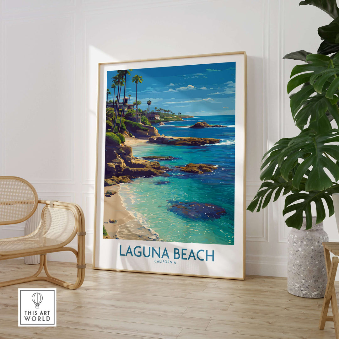 Laguna Beach California Turquoise Water Art Print | Clear Sea Travel Poster displayed in a cozy room setting.
