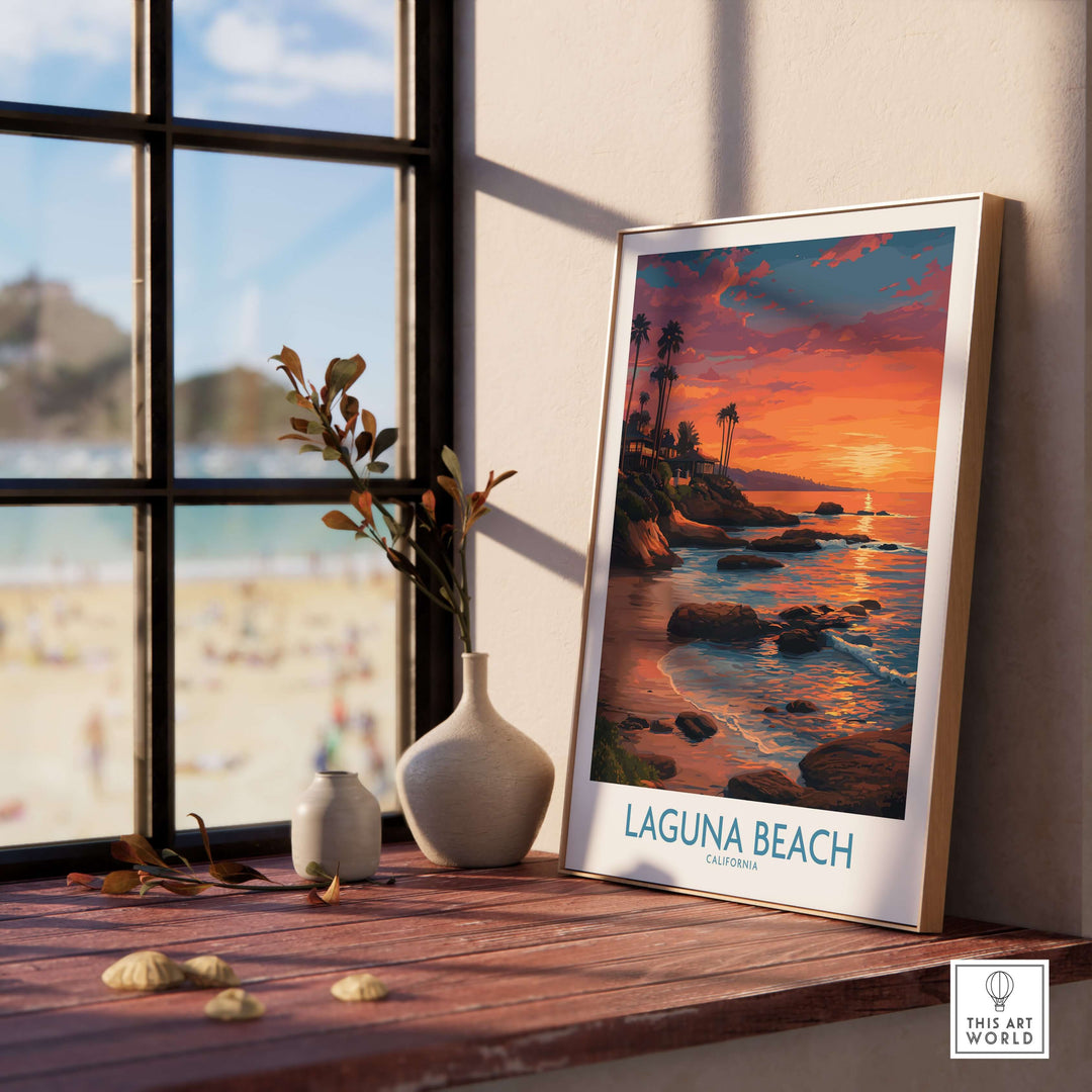 Laguna Beach California Sunset Art Print | Vibrant Coastal Poster displayed in a sunny coastal room with a beach view.
