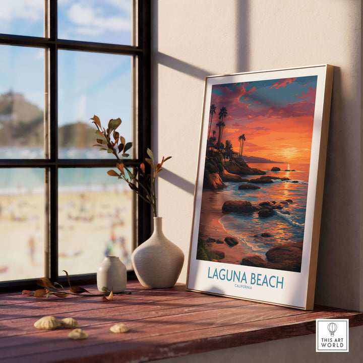 Laguna Beach California Sunset Art Print | Vibrant Coastal Poster displayed in a sunny coastal room with a beach view.