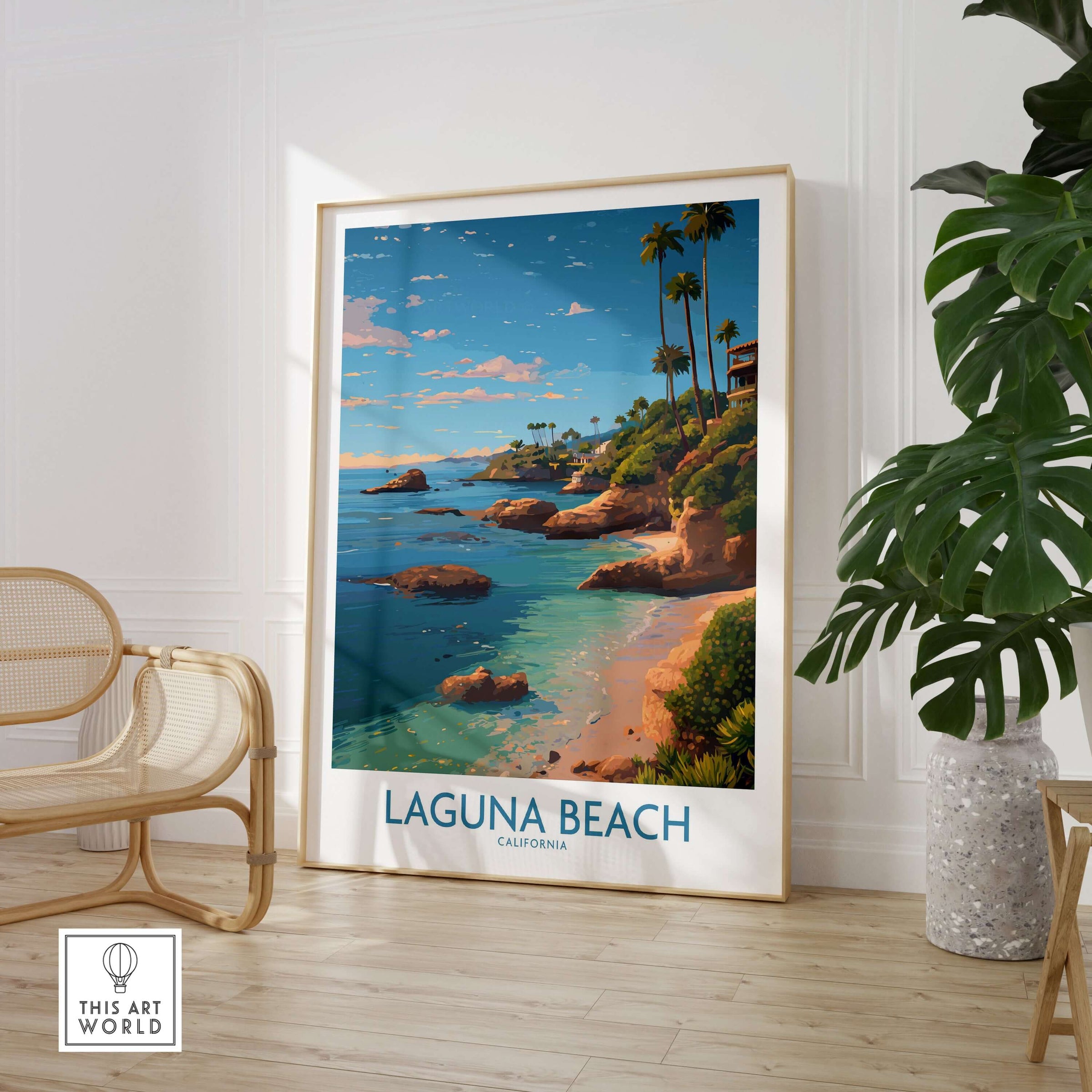 Laguna Beach California Coastal Cliff Art Print | Palm Tree Seascape Poster displayed in a stylish home setting.