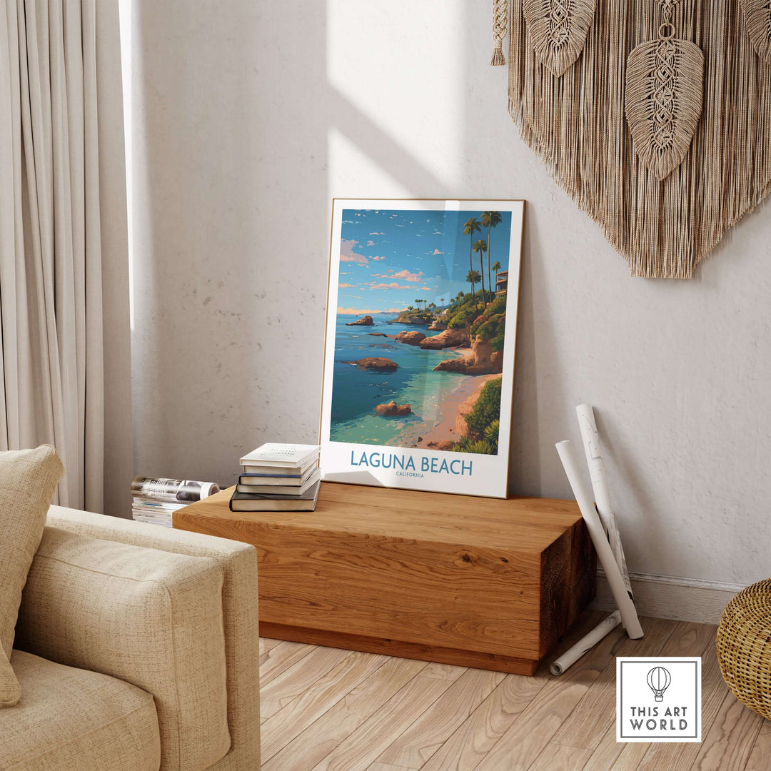 Laguna Beach California Coastal Cliff Art Print | Palm Tree Seascape Poster displayed in a serene living room setting.