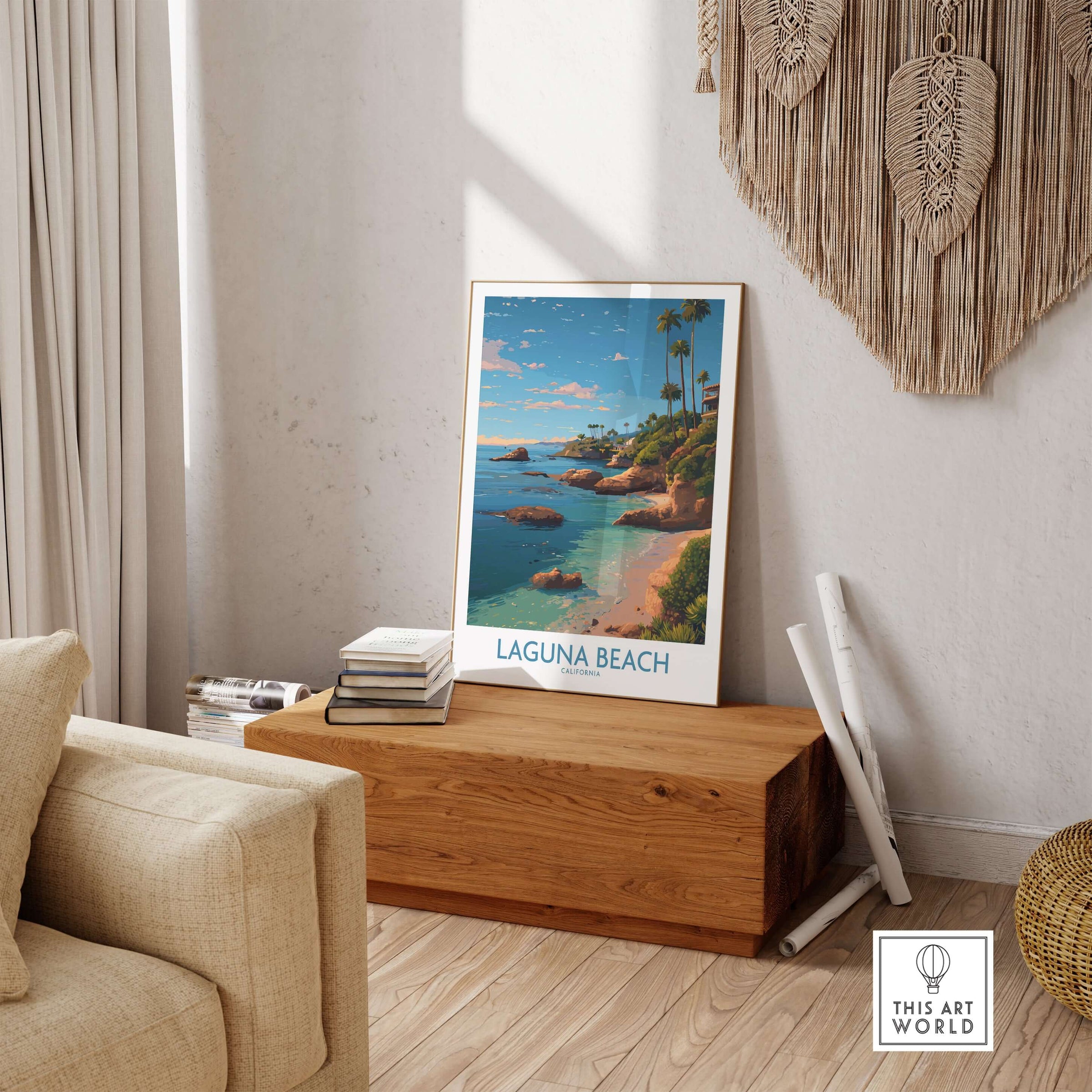 Laguna Beach California Coastal Cliff Art Print | Palm Tree Seascape Poster displayed in a cozy living room setting.