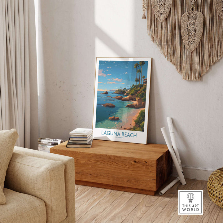 Laguna Beach California Coastal Cliff Art Print | Palm Tree Seascape Poster displayed in a serene living room setting.