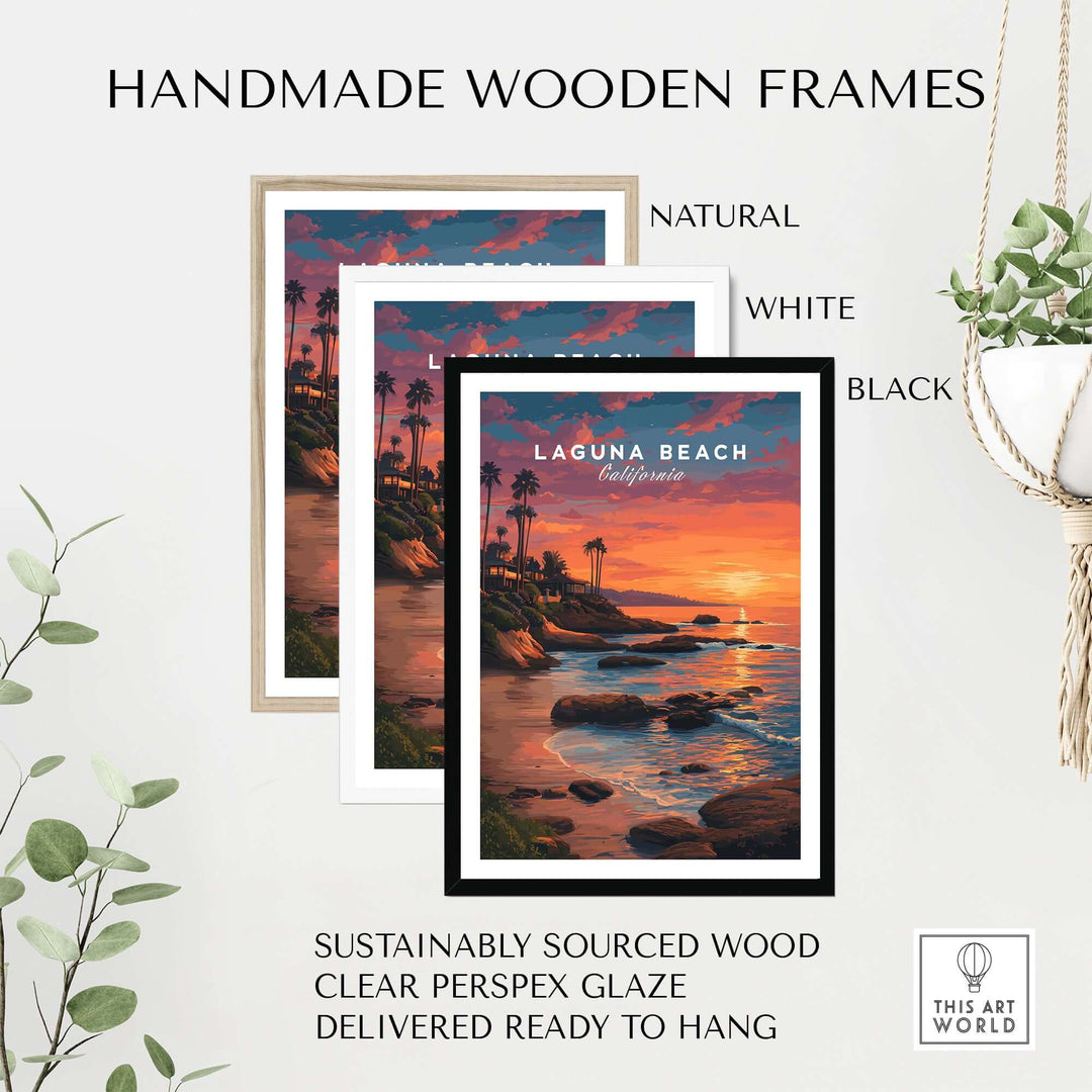 Laguna Beach Pacific Ocean Print displayed in natural, white, and black handmade wooden frames.