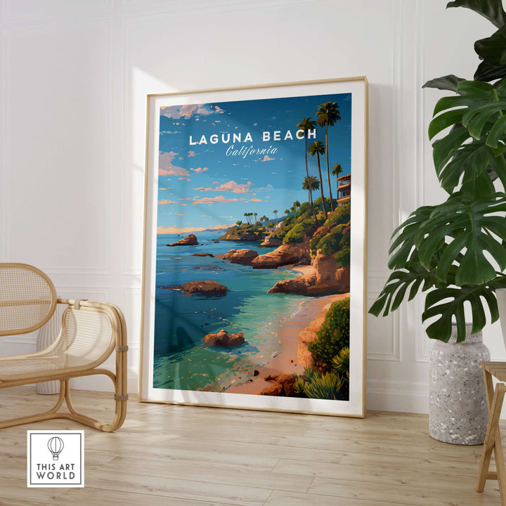 Laguna Beach Orange County Ocean View Print | California Home Decor displayed in a stylish living room.