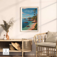 Laguna Beach Orange County Ocean View Print | California Home Decor displayed in a stylish living room.