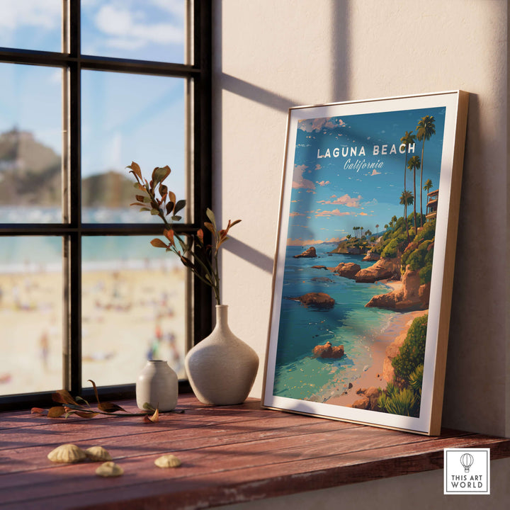 Laguna Beach Orange County Ocean View Print | California Home Decor framed artwork placed on a table by a window.