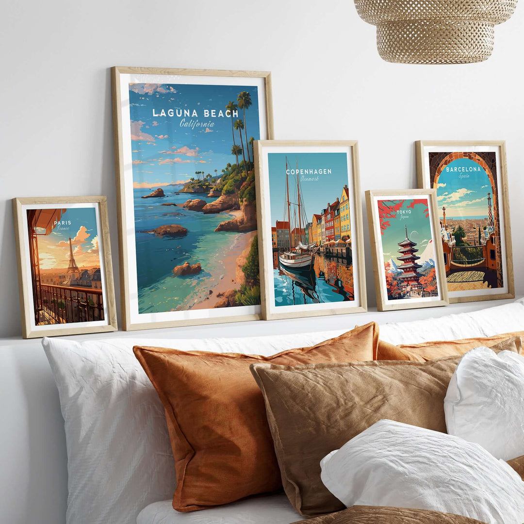 Laguna Beach Orange County Ocean View Print | California Home Decor displayed among other travel art prints.