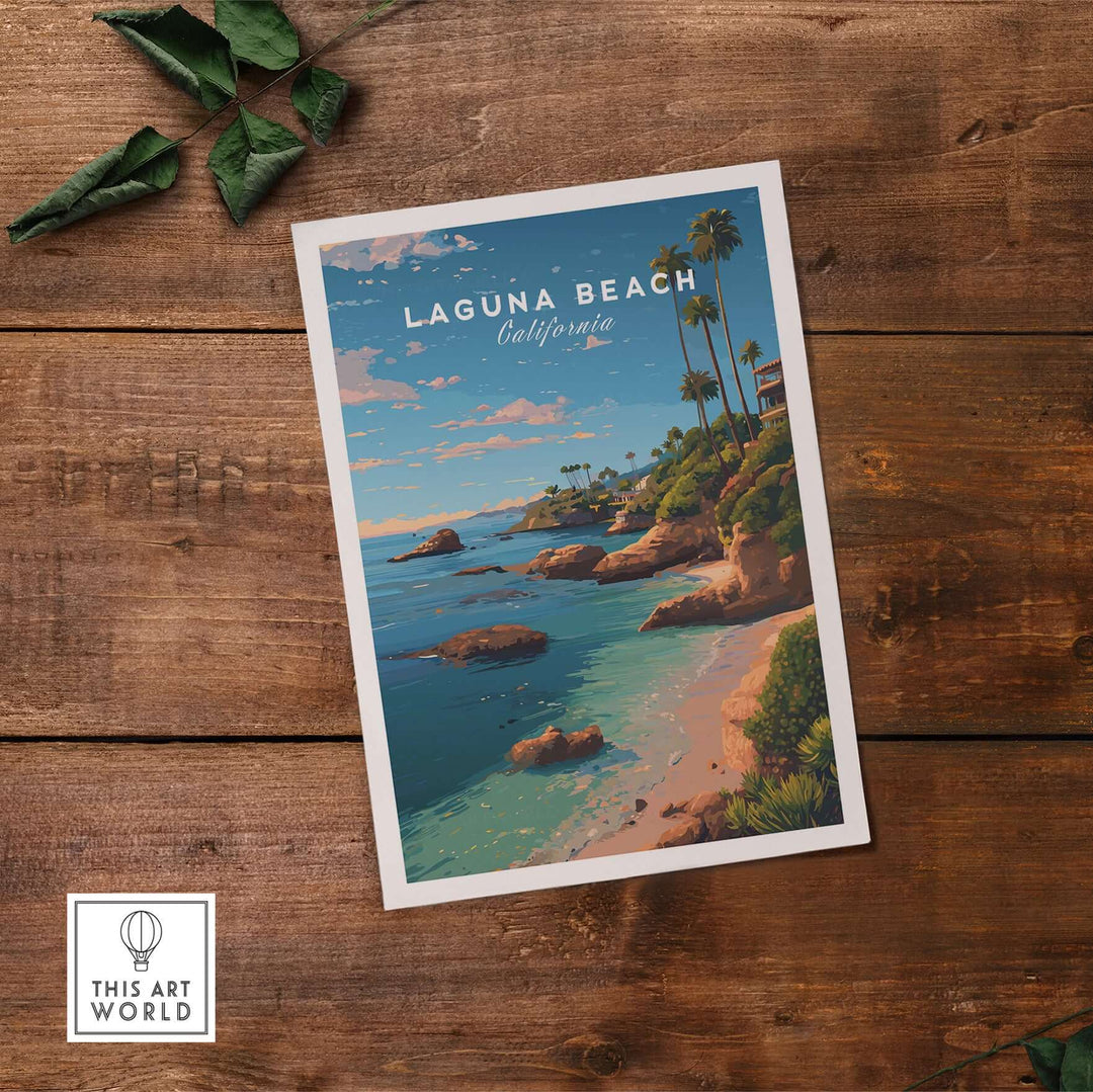 Laguna Beach Orange County Ocean View Print | California Home Decor on a wooden surface with coastal scenery.