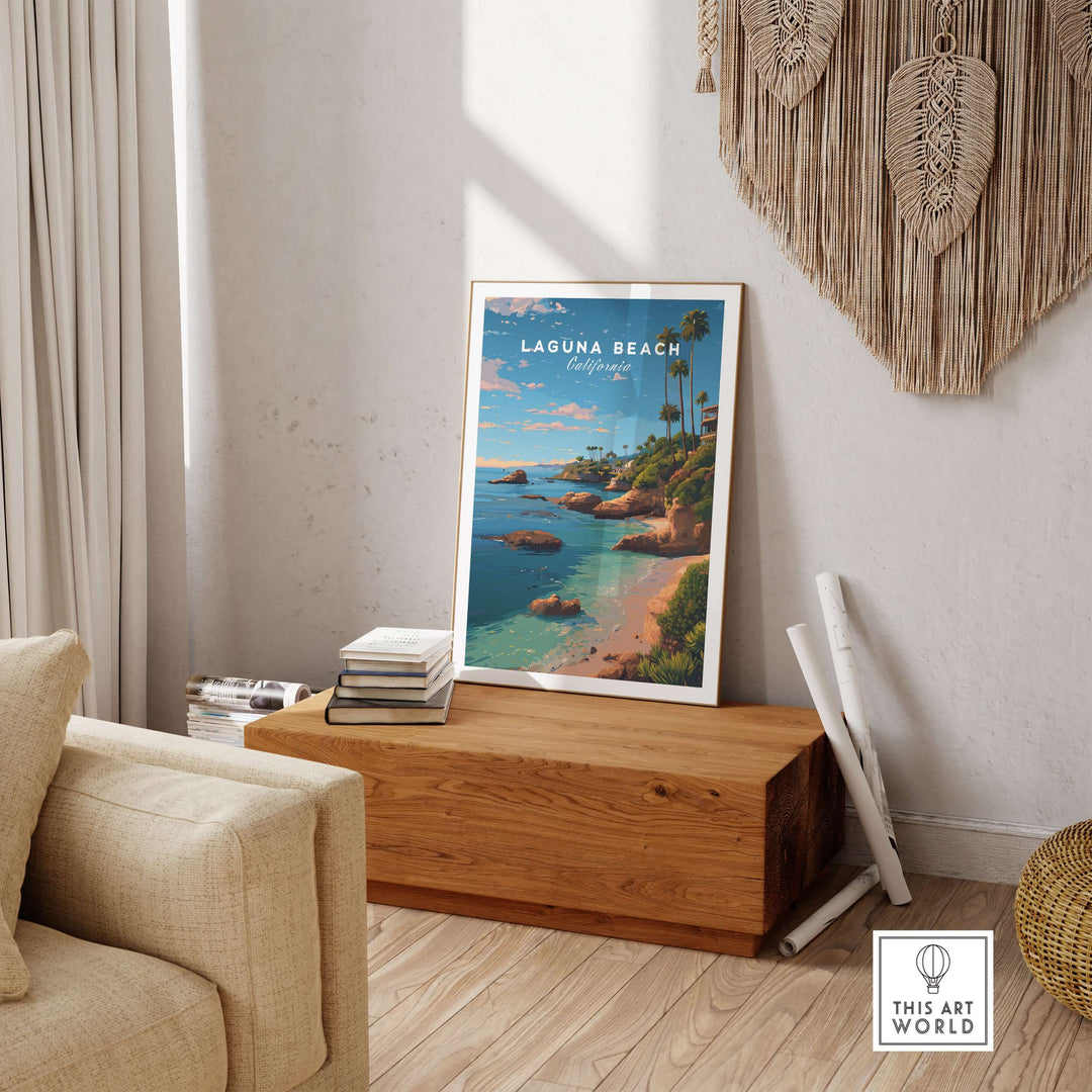 Laguna Beach Orange County Ocean View Print | California Home Decor displayed in a stylish living room.