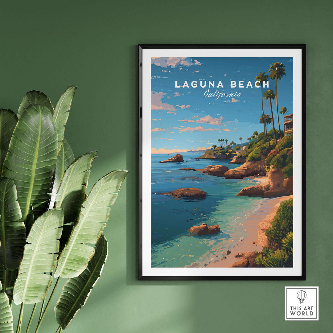 Laguna Beach Orange County Ocean View Print | California Home Decor displayed on a wall surrounded by greenery.