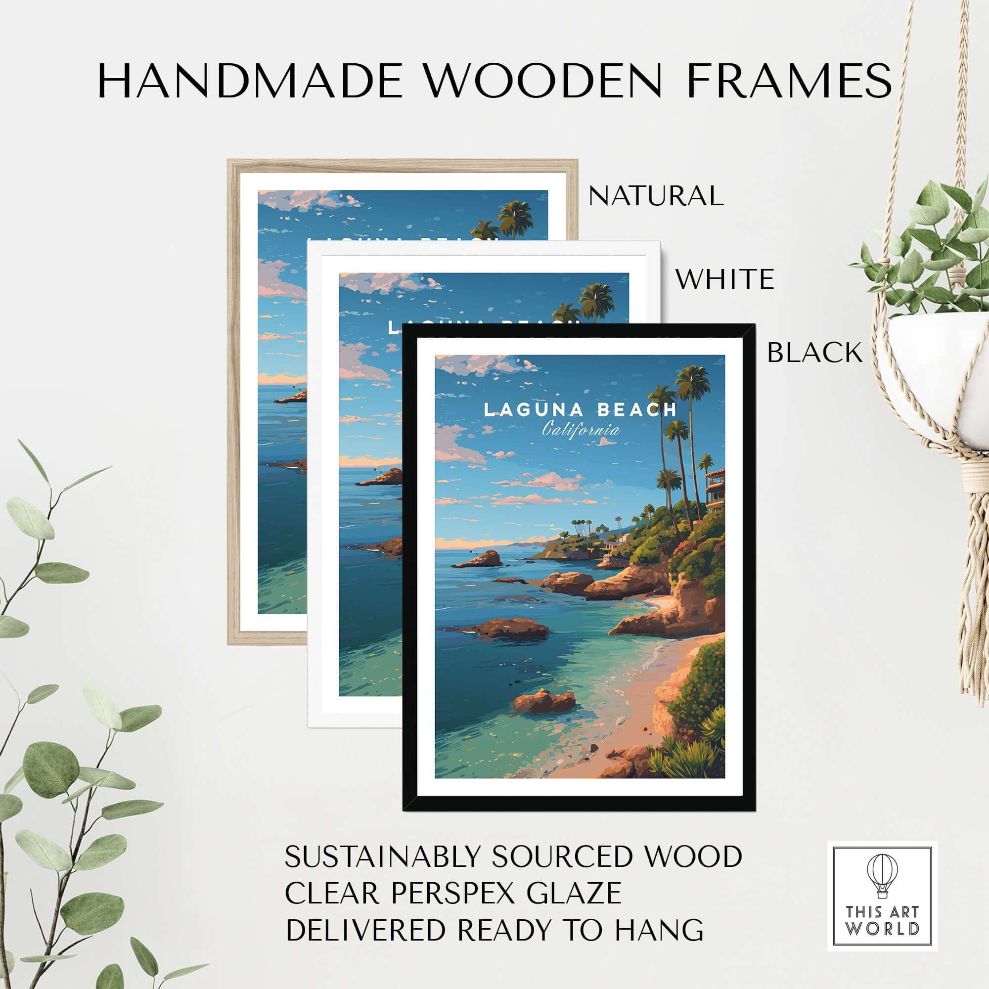Laguna Beach Orange County Ocean View Print | California Home Decor framed in natural, white, and black handmade wooden frames.