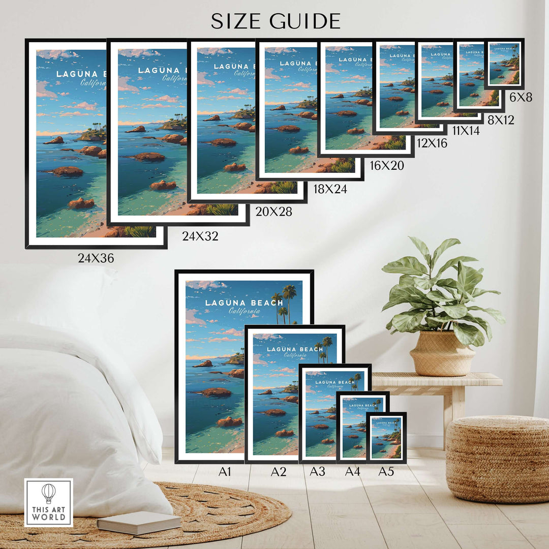 Laguna Beach Orange County Ocean View Print | California Home Decor size guide showcasing various frame sizes.