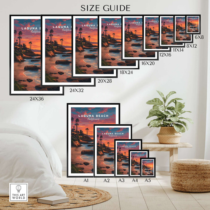 Size guide for Laguna Beach Pacific Ocean Print showcasing various frame dimensions and styles.