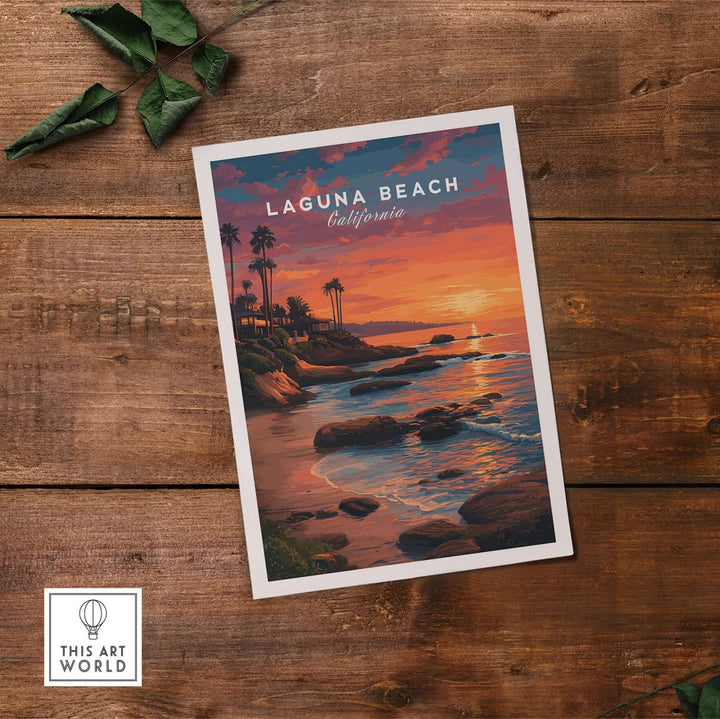 Laguna Beach Pacific Ocean Print featuring a vibrant sunset and coastal landscape in California.