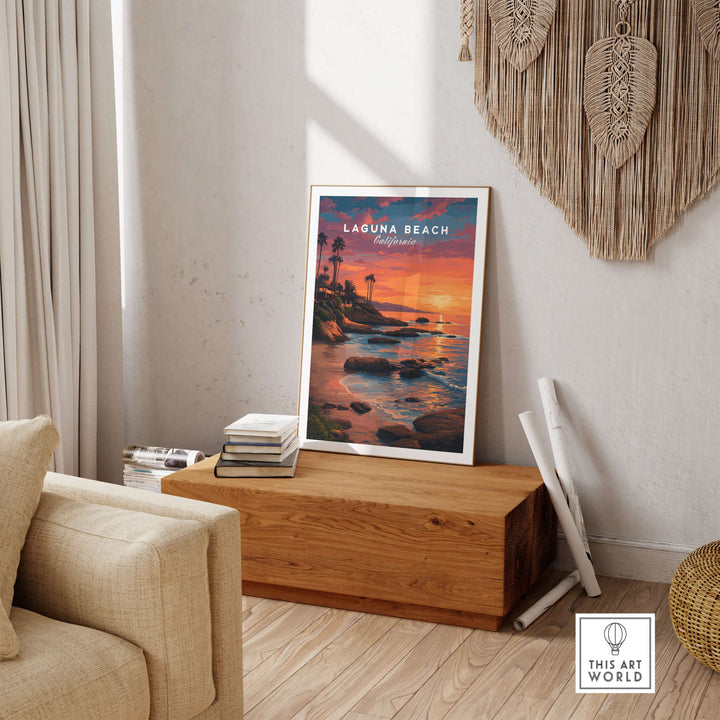 Laguna Beach Pacific Ocean Print displayed in a cozy room with a warm sunset atmosphere.