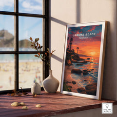 Laguna Beach Pacific Ocean Print framed artwork showcasing a stunning sunset over the beach, enhancing your coastal decor.