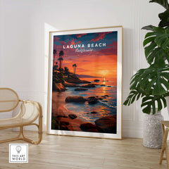 Laguna Beach Pacific Ocean Print featuring a vibrant sunset over the California coastline.