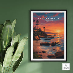Laguna Beach Pacific Ocean Print capturing a stunning sunset over the ocean, perfect for coastal decor.