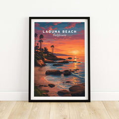Laguna Beach Pacific Ocean Print featuring a vibrant sunset over the coastline with palm trees.