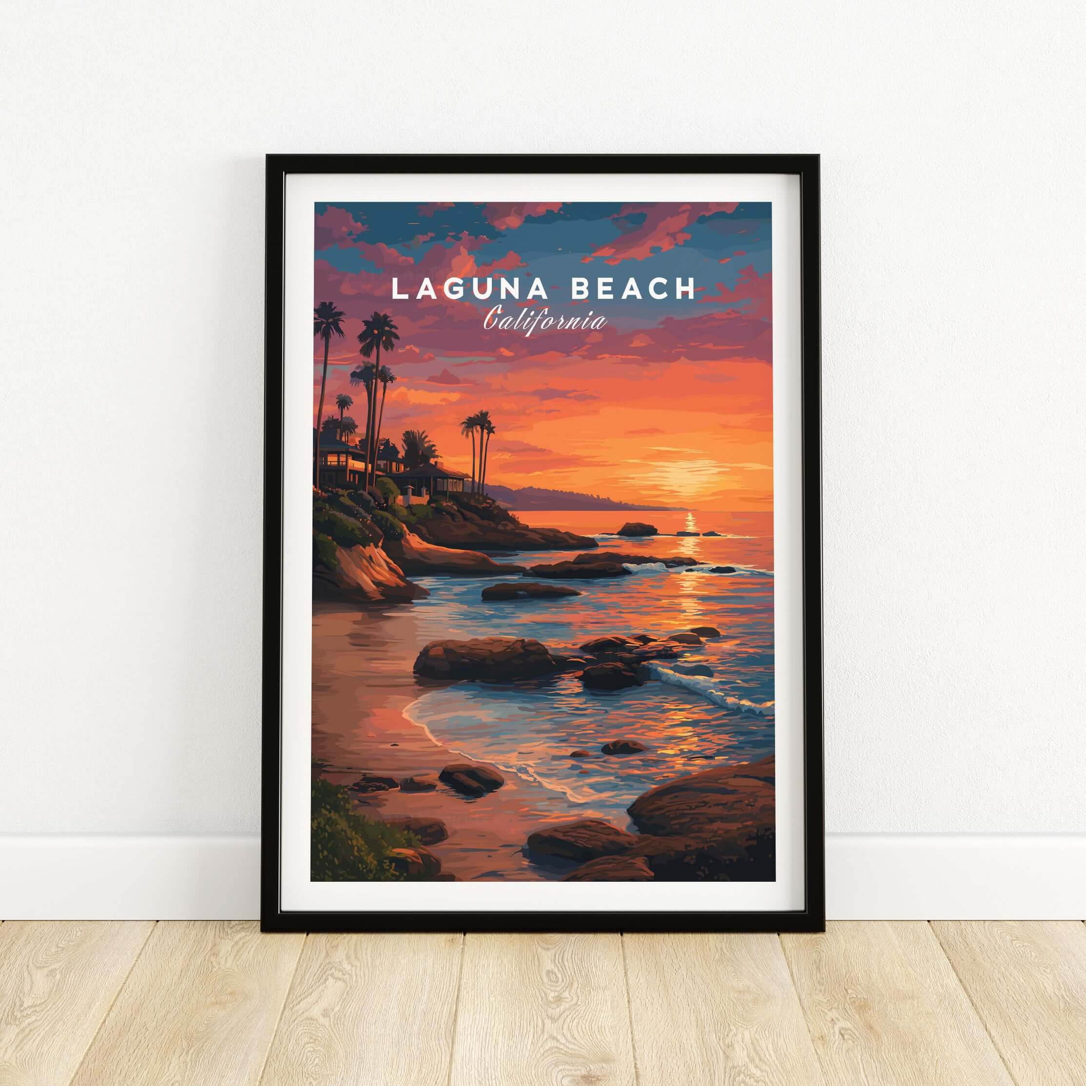 Laguna Beach Pacific Ocean Print featuring a vibrant sunset over the coastline with palm trees.