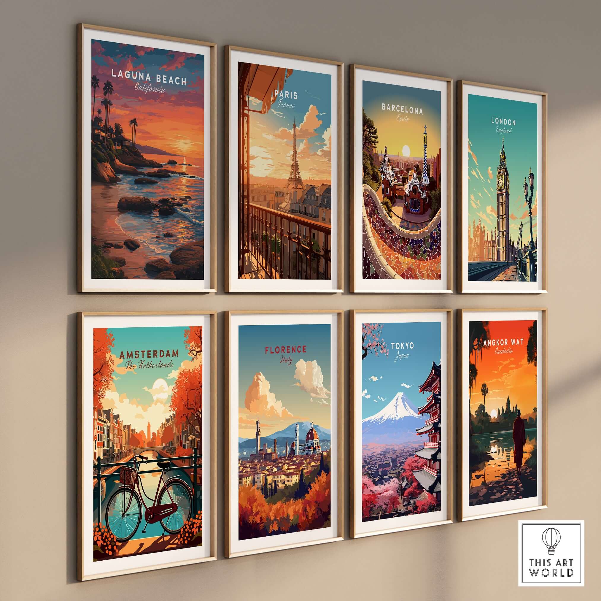 Laguna Beach Pacific Ocean Print and various city posters displayed together as wall art