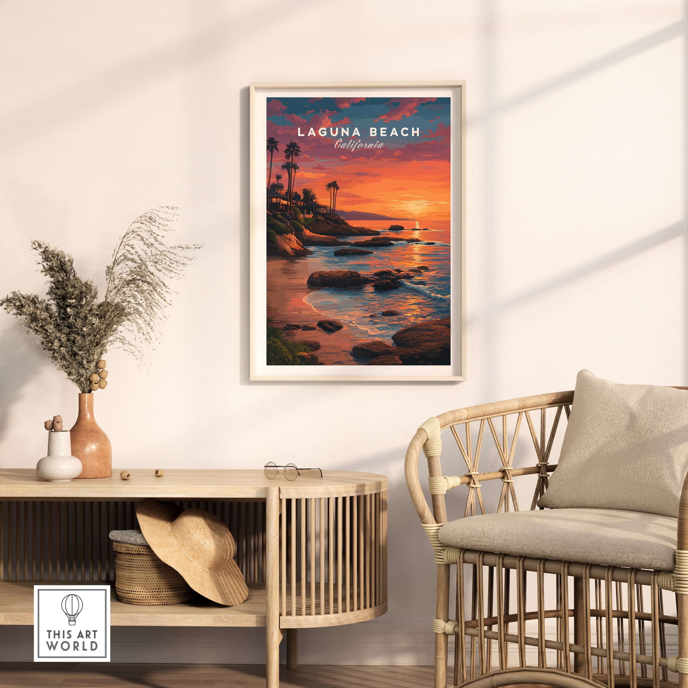 Laguna Beach Pacific Ocean Print framed artwork featuring a vibrant sunset over the beach, enhancing interior decor.