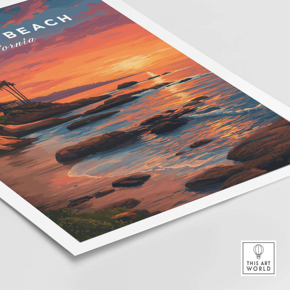 Laguna Beach Pacific Ocean Print showcasing a tranquil sunset over rocky shoreline and water in California