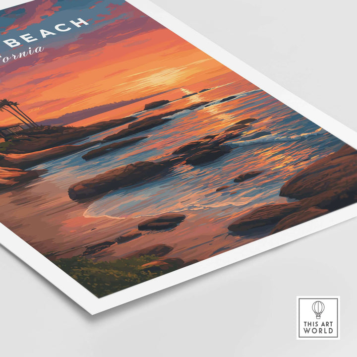 Laguna Beach Pacific Ocean Print showcasing a tranquil sunset over rocky shoreline and water in California